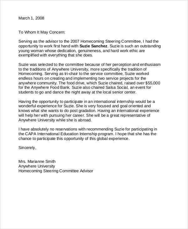 student internship recommendation letter