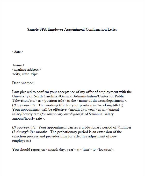 employee appointment confirmation letter