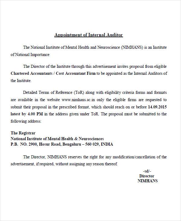 internal auditor appointment letter