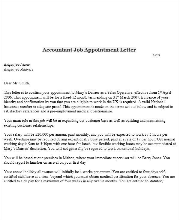 accountant job appointment letter