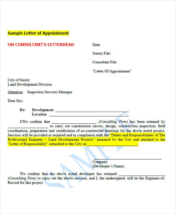 professional consultant appointment letter