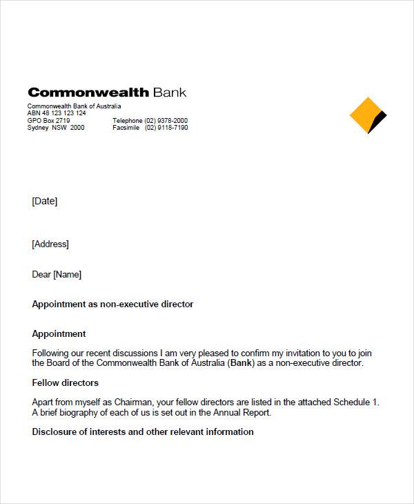 bank appointment letter format