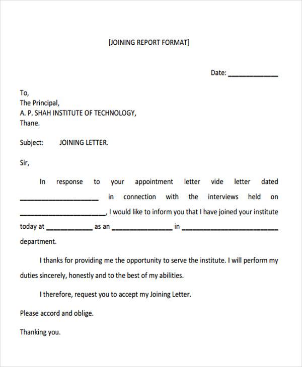 job joining report letter