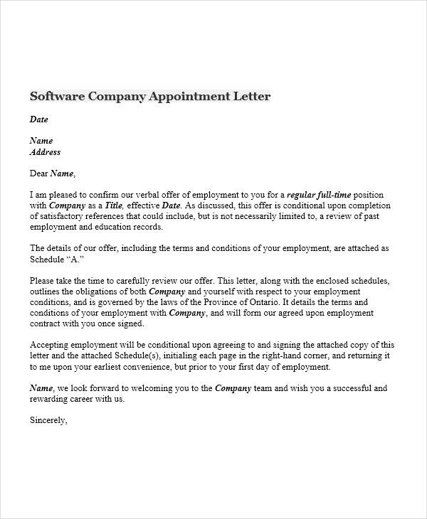 software company appointment letter