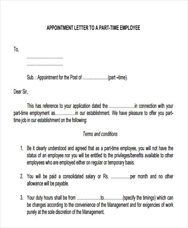 part time job offer letter