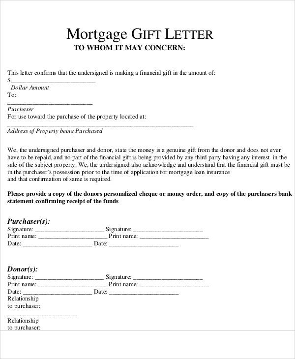 sample mortgage gift letter