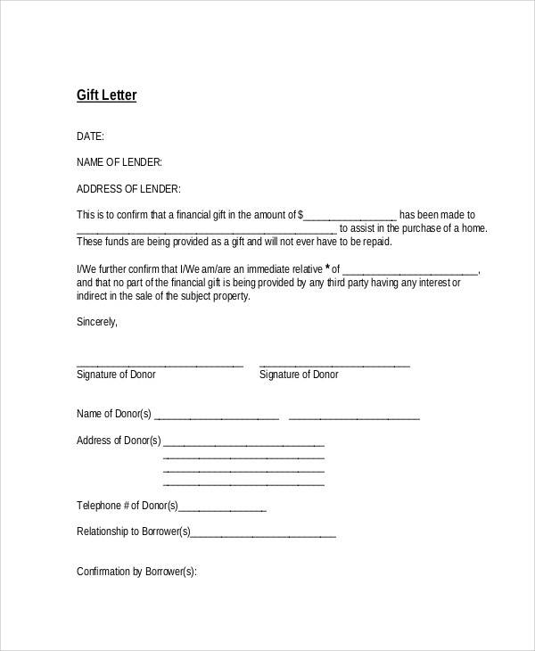 financial gift letter example