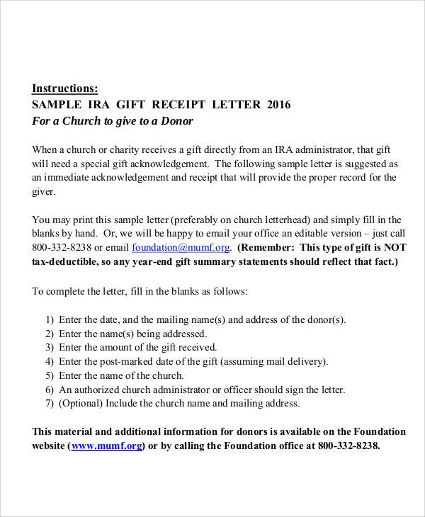 charitable gift receipt letter