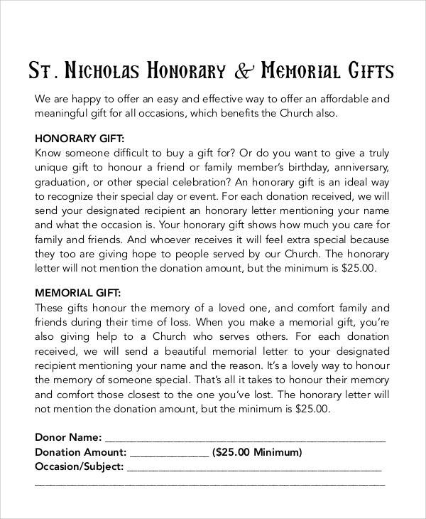 sample memorial gift letter