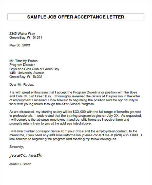 academic job offer acceptance letter