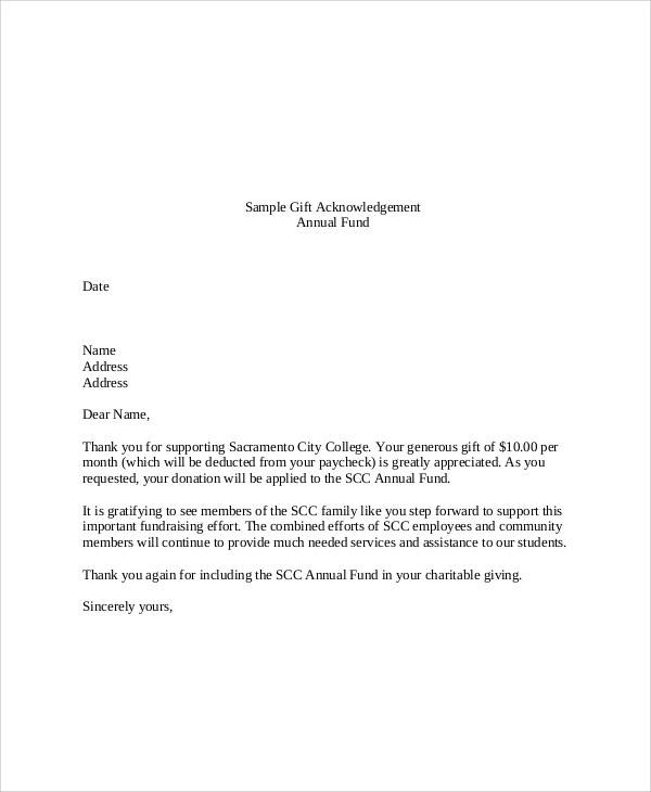 charitable gift acknowledgement letter