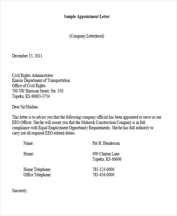 construction company appointment letter