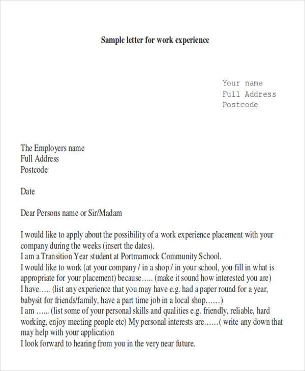 job experience application letter