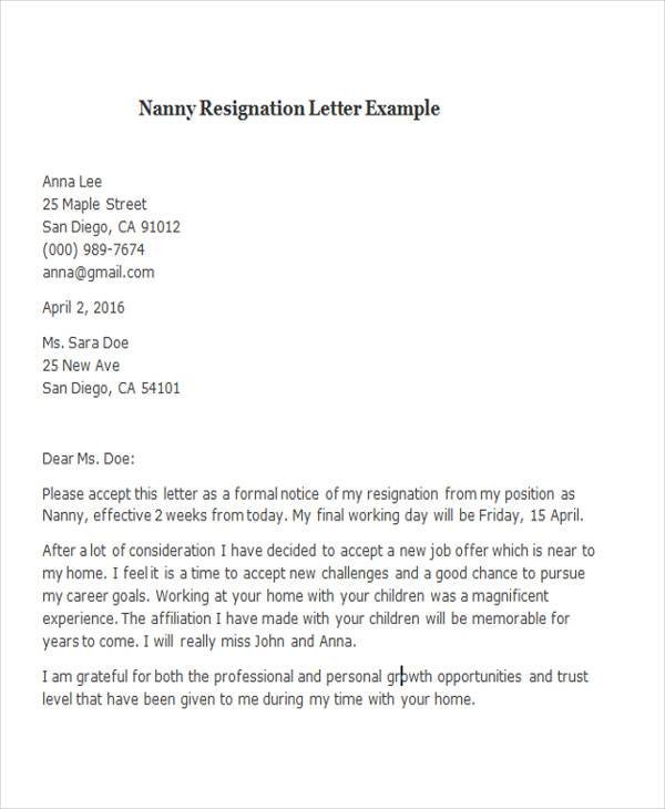 nanny resignation letter example1