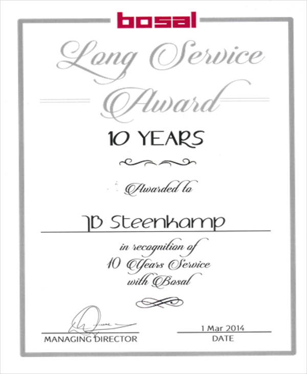 10 year service award certificate