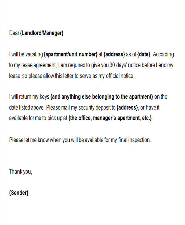 30 day notice to landlord
