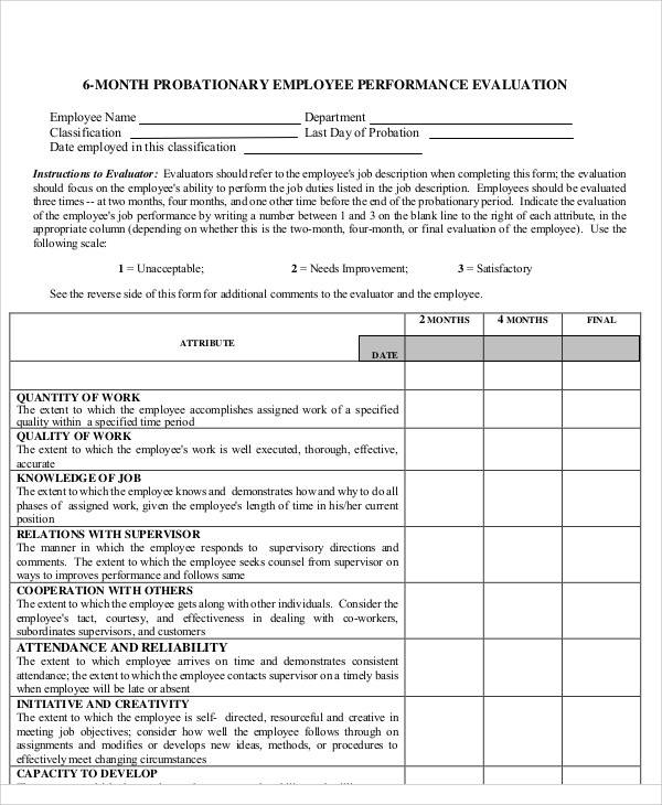 6 month probationary employee performance evaluation form