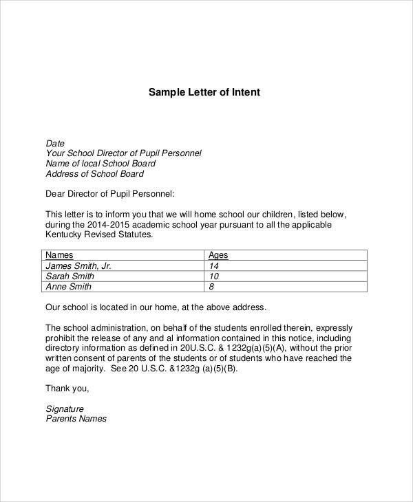 Kentucky Homeschool Letter Of Intent Template