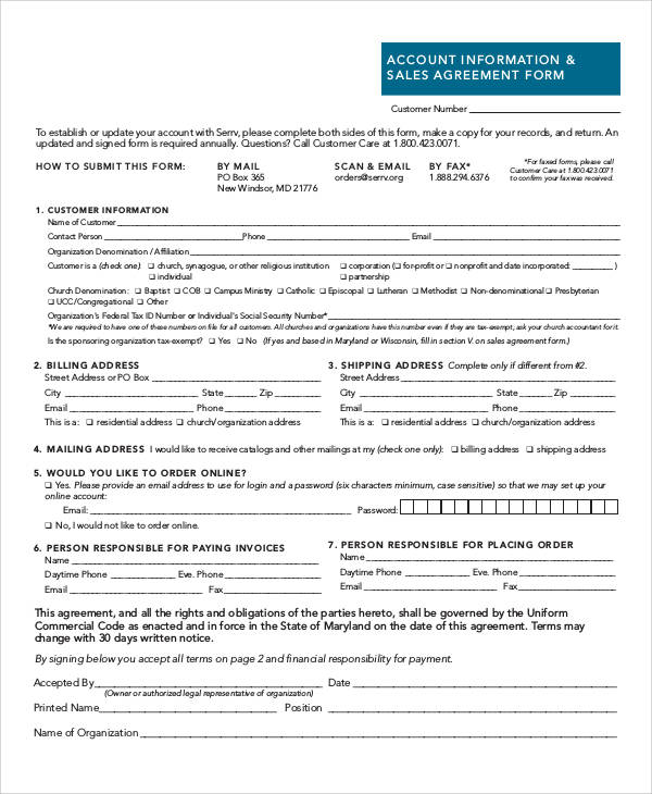 account information sales agreement form