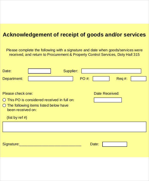 acknowledgement of receipt of goods form