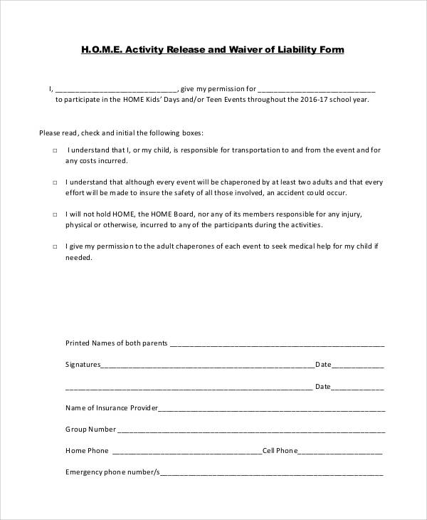 activity waiver and release form