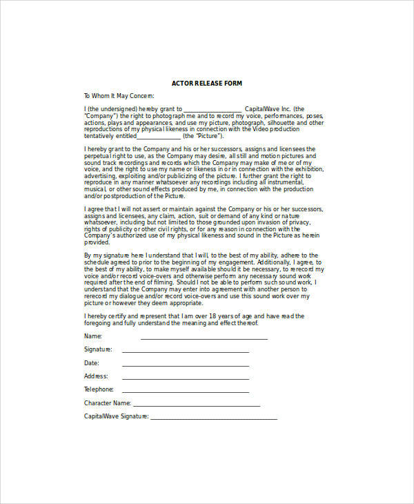 actor release form sample