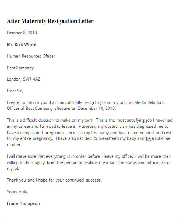 after maternity resignation letter