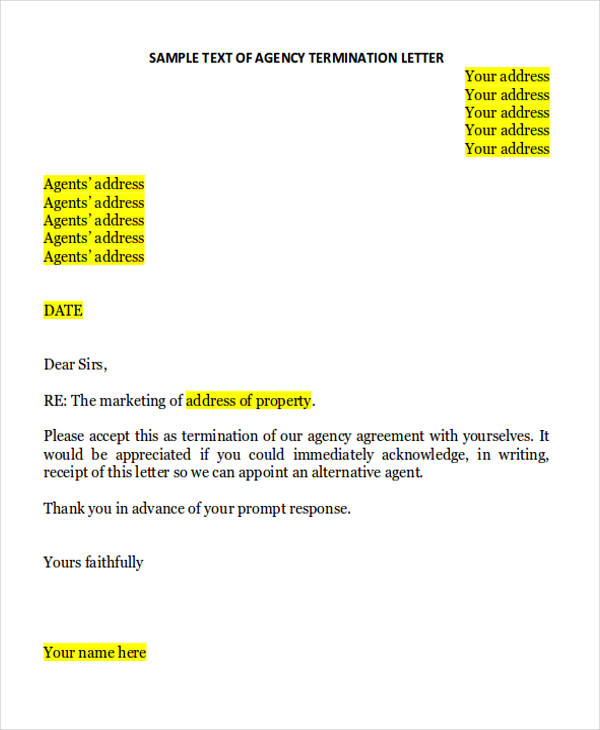 agency agreement termination letter