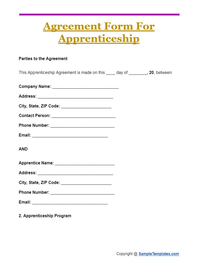 agreement form for apprenticeshi