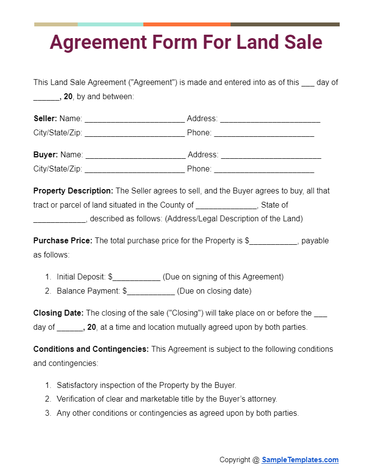 agreement form for land sale