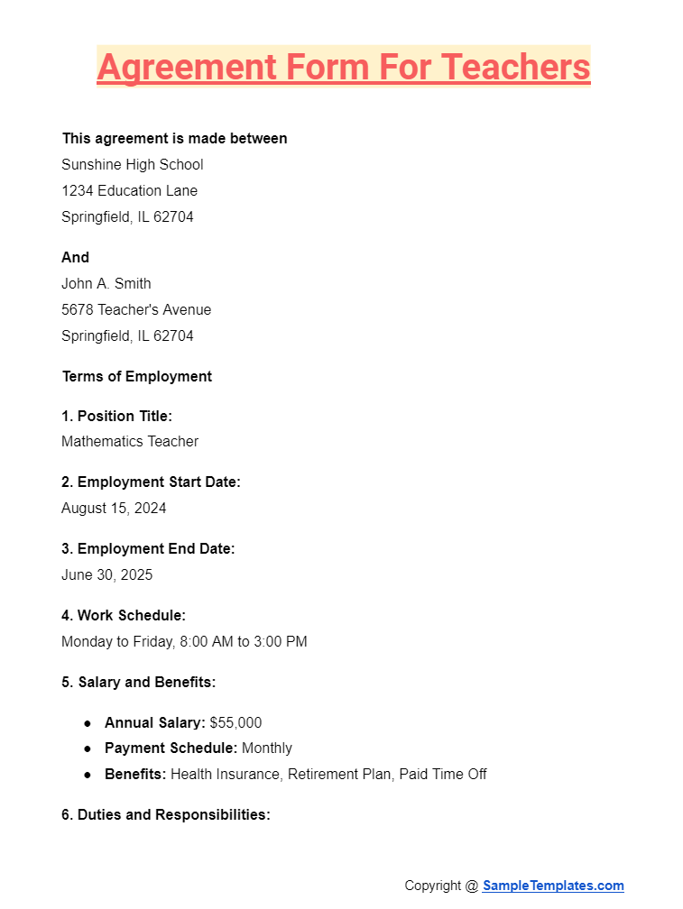 agreement form for teachers