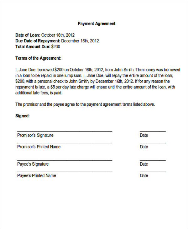 agreement payment plan letter sample