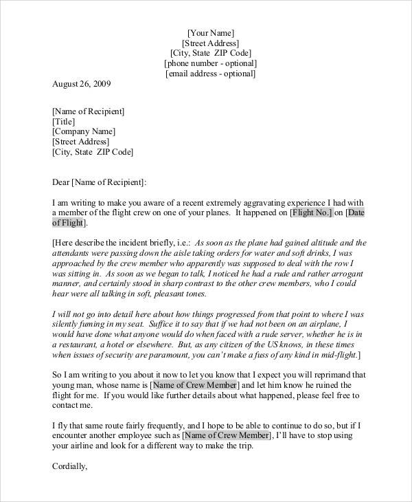 airline complaint letter example