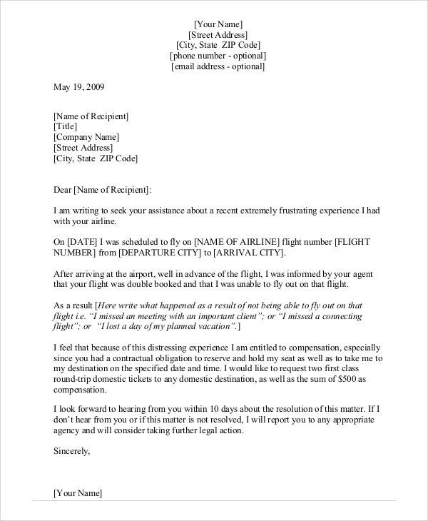 airline complaint letter format