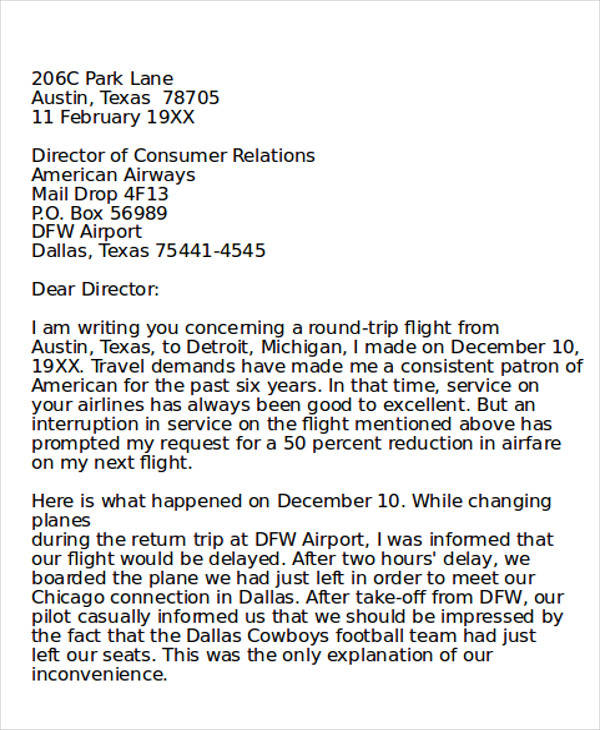 airline customer service complaint letter