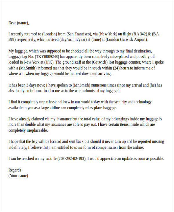 airline lost luggage complaint letter