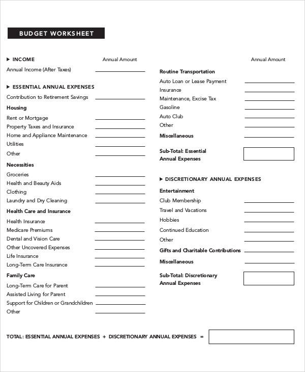 annual household budget form
