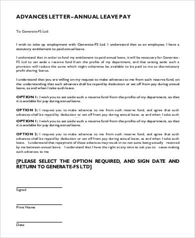 annual leave pay advance letter