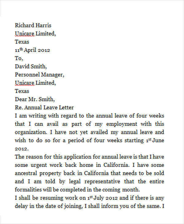 annual leave request letter