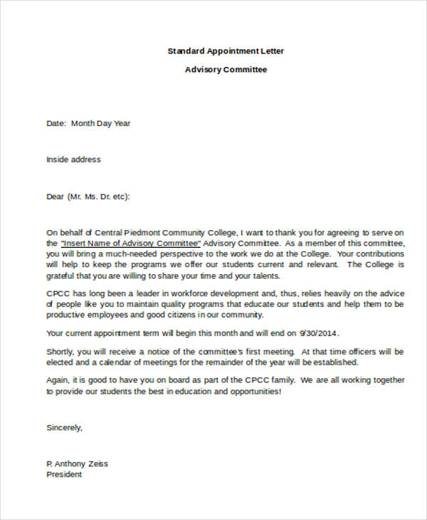 appointment letter to advisory committee