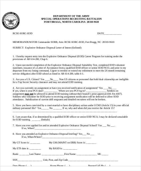 army letter of intent format