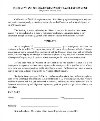 at will employment acknowledgement agreement