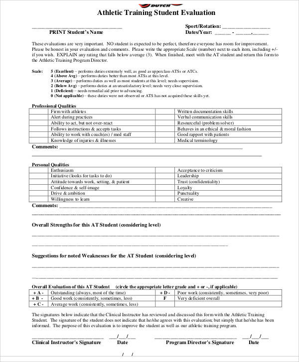 athletic training evaluation form