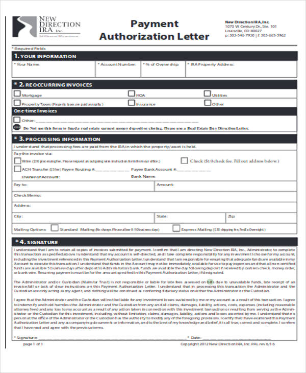authorization letter for bill payment
