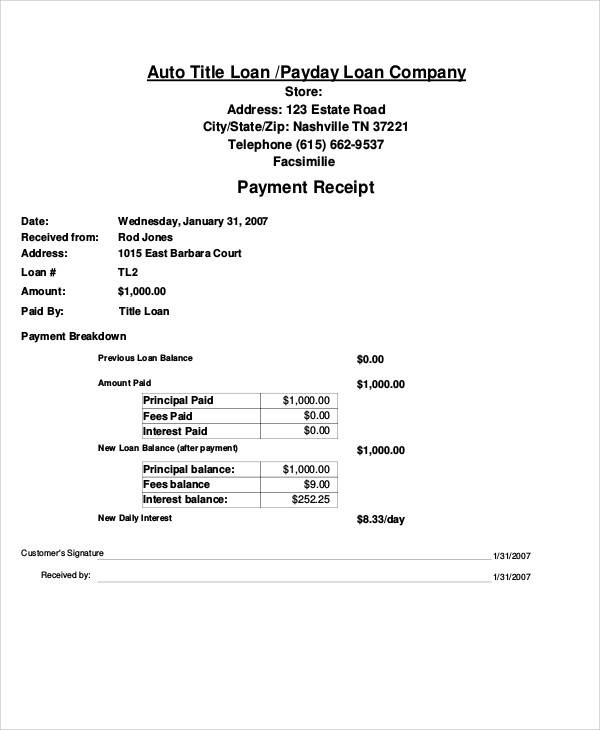 auto loan payment receipt