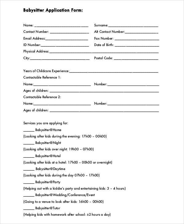 babysitter application form