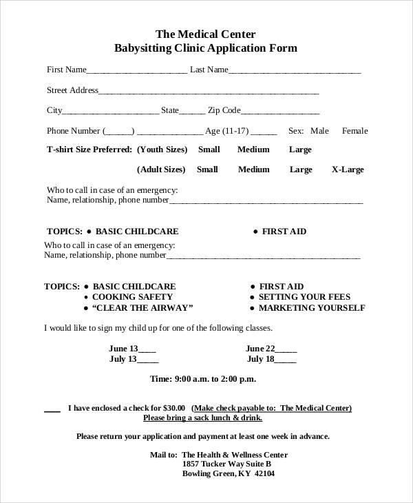 babysitter clinic application form