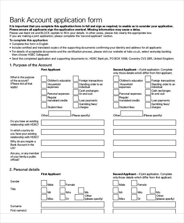 bank account application form