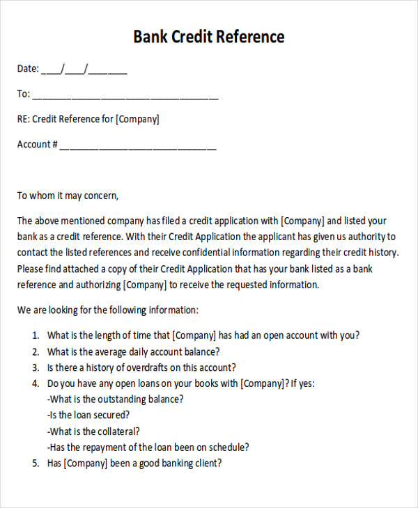 bank credit reference letter