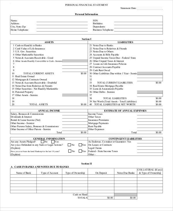 bank personal financial statement form